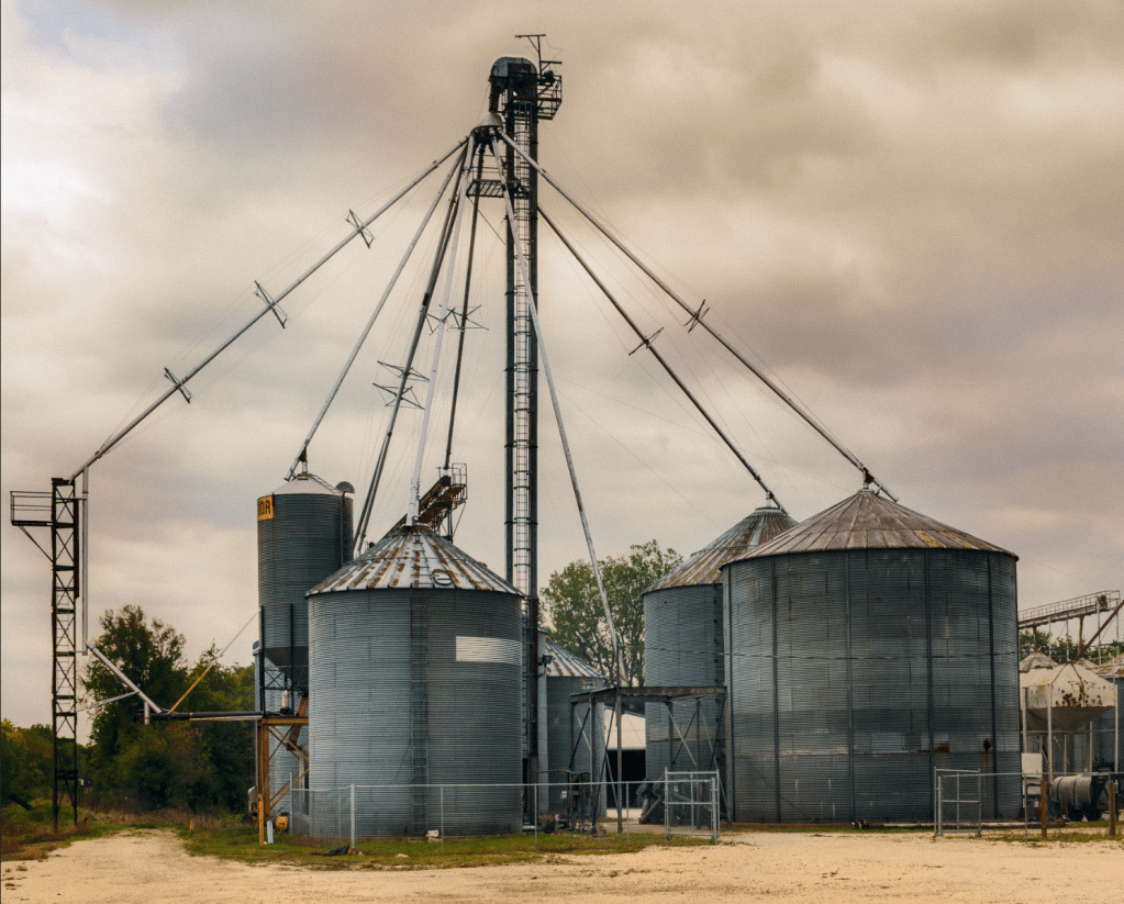 A towering grain elevator complex against an overcast sky. A tall central structure reaches upward, with long, angled metal pipes extending downward to connect to several large, corrugated steel grain silos. The weathered, rusted metal structures resemble the sprawling legs of a massive spider resting in a quiet, rural dirt lot.